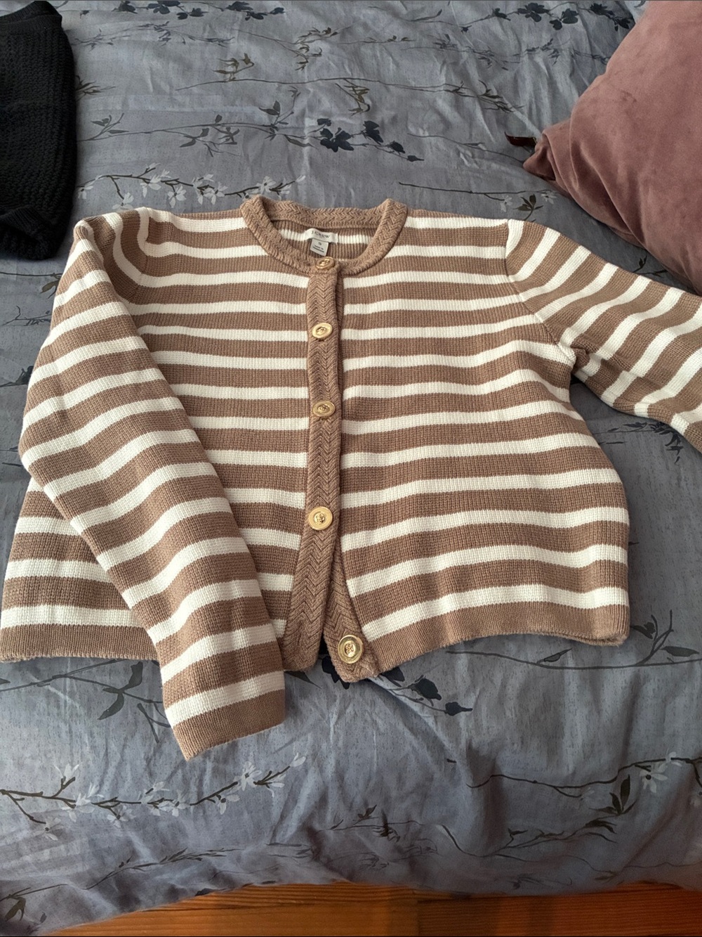 J. Crew Factory Cream and Light Brown Striped Button Cardigan